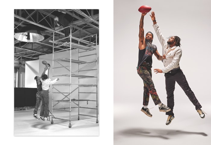 Stefon and Trevon Diggs jump for a football